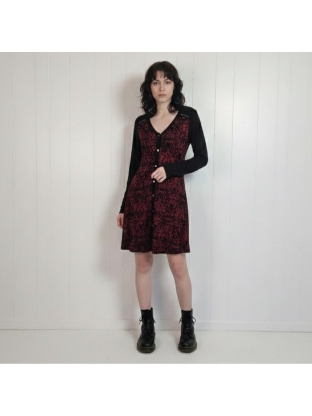 Y2K Whimsigoth Red Black Tunic Mini Dress Dolcezza Long Sleeve Size Small Goth